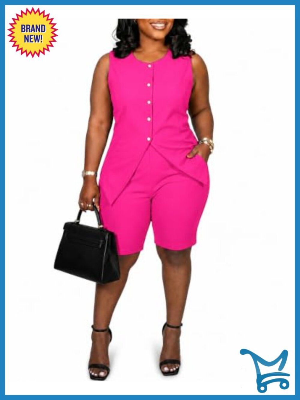 Plus Size 2 Piece Vest and Shorts Set Sleeveless Button Front Summer Outfit